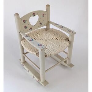 Vintage Miniature Wooden Rocking Chair Heart Cutout Rose Floral Woven Seat 8"